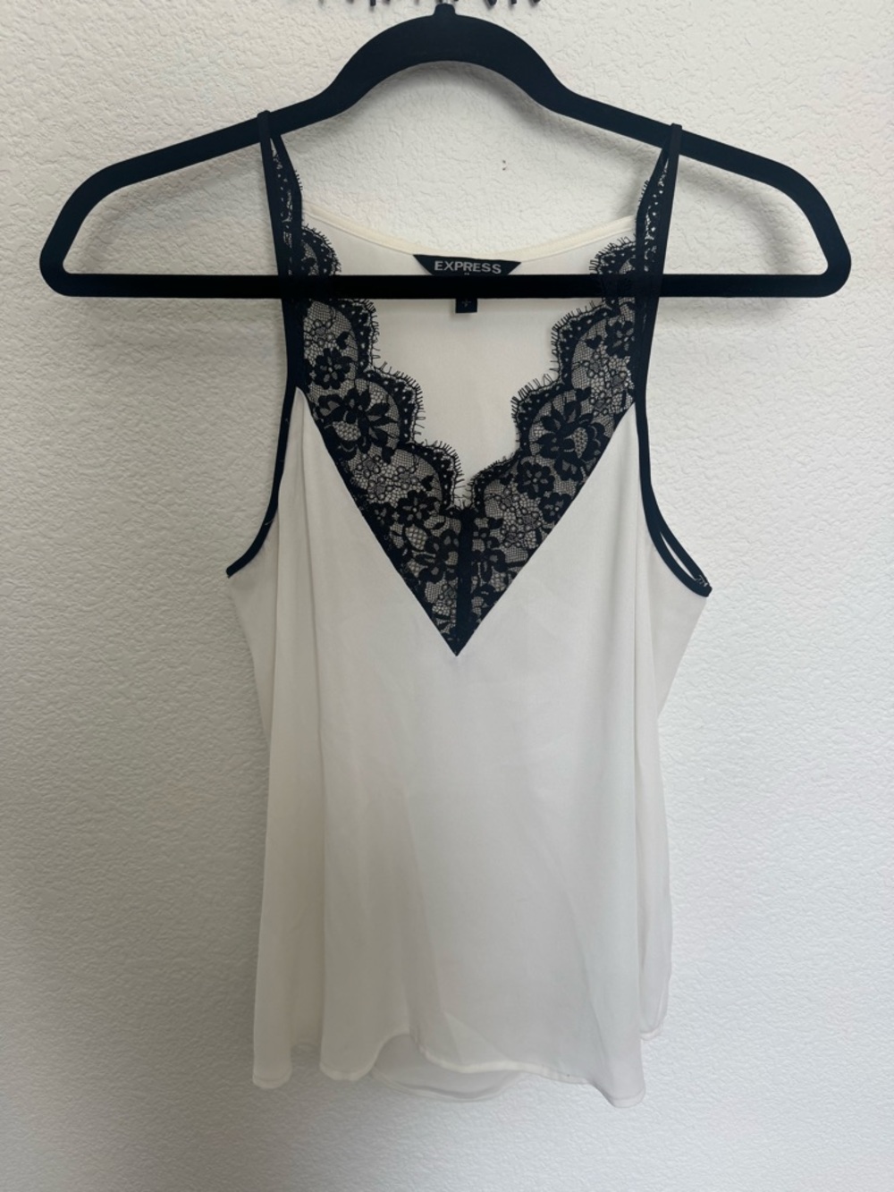 Express White Chiffon Camisole with Black Lace V-Neck
